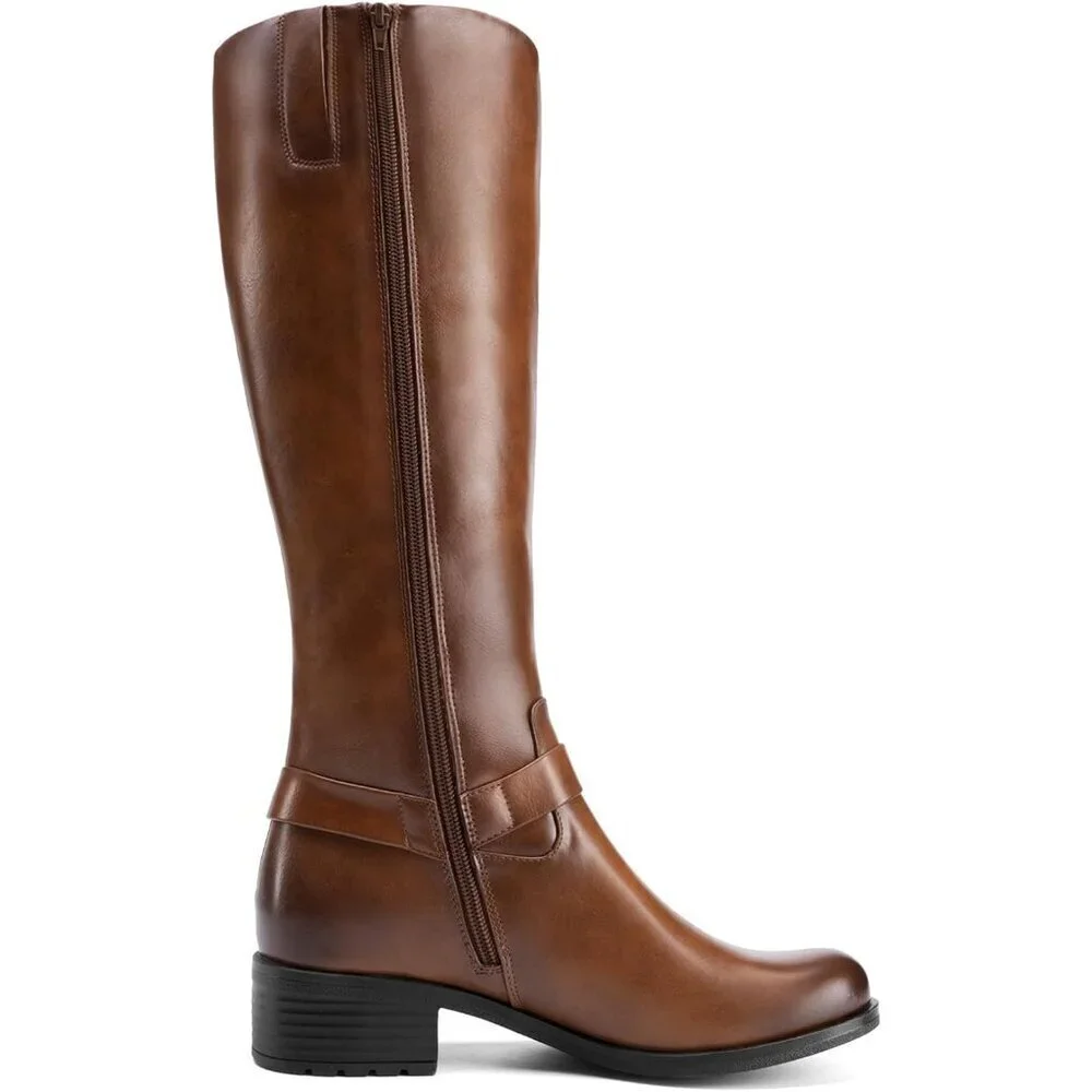 Women's Polyurethane Light Brown Buckle Side Zipper Squared Toe Knee High Boots